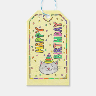 Niedliche Katze und Confetti Happy Geburtstag Geschenkanhänger