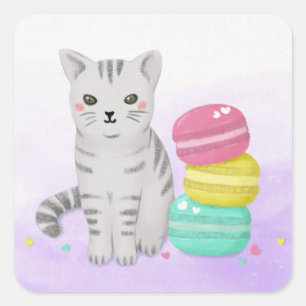 Niedliche Katze und Dessert Illustration Art Quadratischer Aufkleber