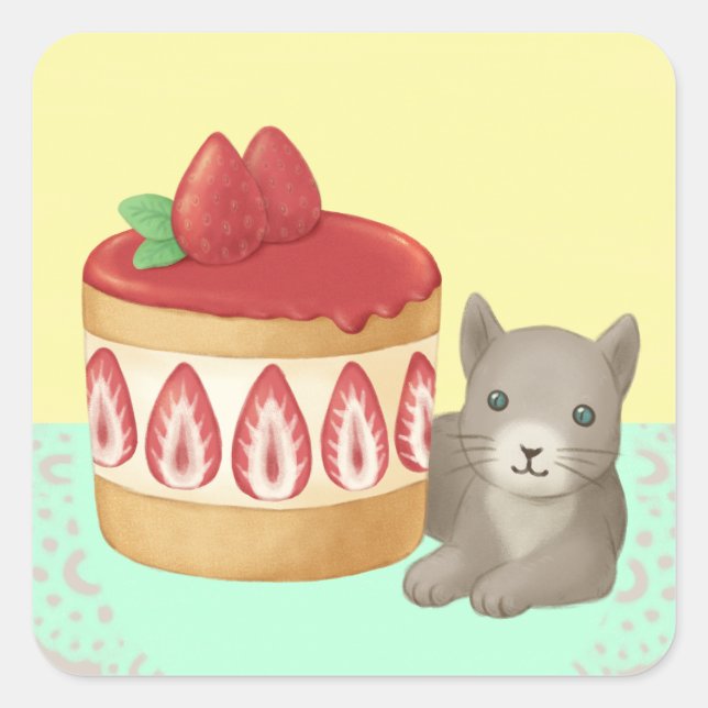 Niedliche Katze und Dessert Illustration Art Quadratischer Aufkleber (Vorderseite)