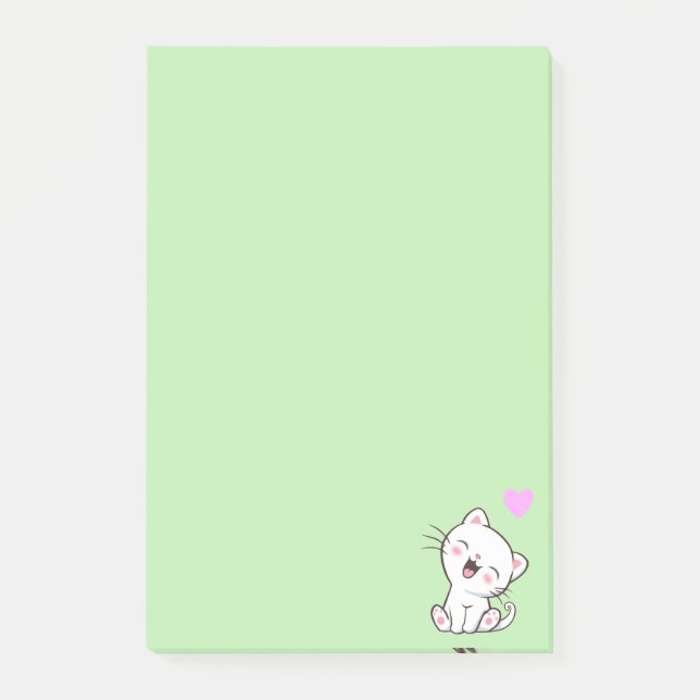 Niedliche Katze und Herz auf leicht grünen Post-it Klebezettel (Vorderseite)