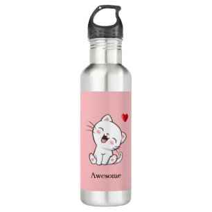 Niedliche Katze und Herz auf rosa Edelstahlflasche