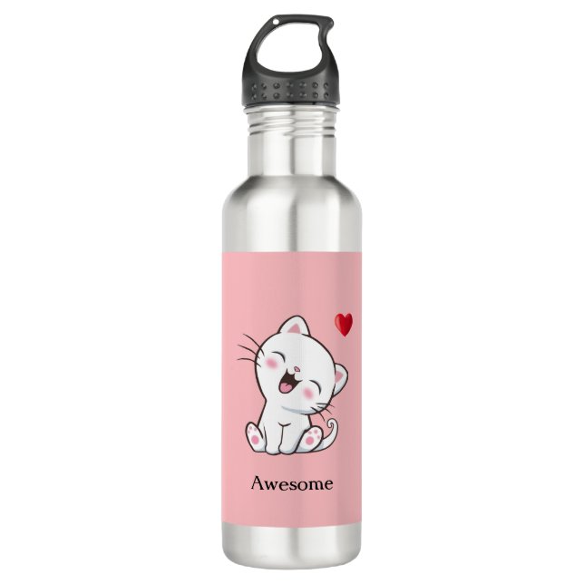 Niedliche Katze und Herz auf rosa Edelstahlflasche (Vorderseite)
