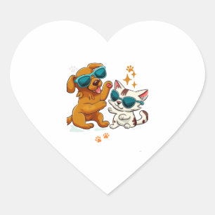 Niedliche Katze und Hund 1 Herz-Aufkleber