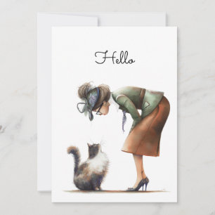 Niedliche Katze und Lady Whimsical Hallo Flat Karte