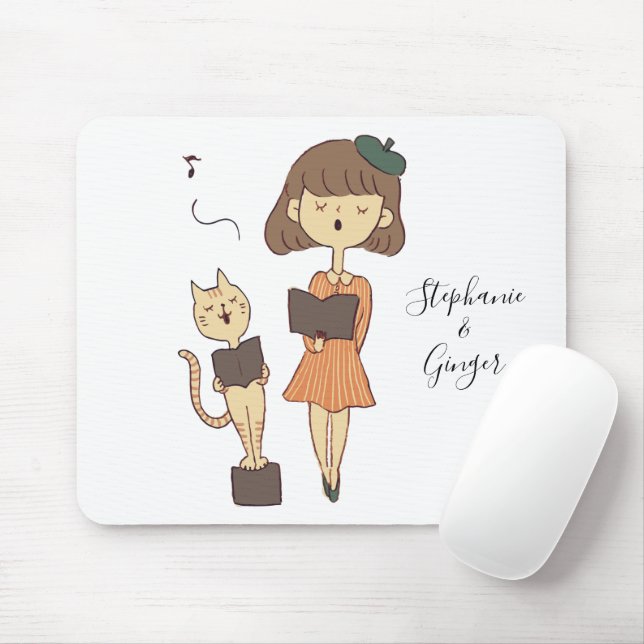 Niedliche Katze und Mädchen singen Personalisierte Mousepad (Mit Mouse)