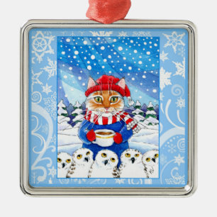 Niedliche Katze und schneebedeckte Eulen, Silbernes Ornament