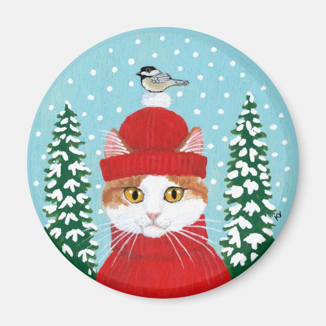 Niedliche Katze, Vogel Weihnachtsschnee Magnet (Vorne)