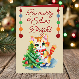 Niedliche Katze & Weihnachtsbaum seien fröhlich cr Feiertagskarte