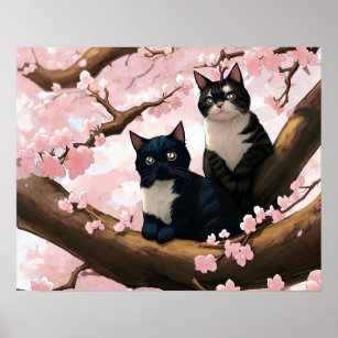 Niedliche Katzen auf einem Kirschblütenbaum Poster