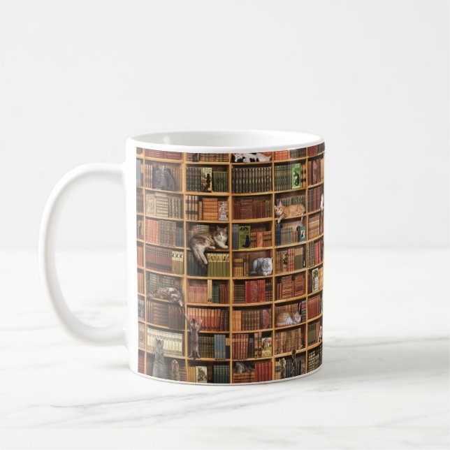 Niedliche Katzen-Bibliothek mit voller Tasse (Links)