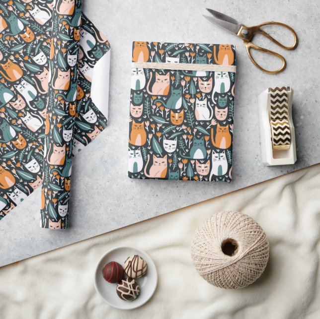 Niedliche Katzen Botanisches Blumenmuster Farbiges Geschenkpapier (Kunsthandwerk)