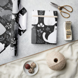 Niedliche Katzen Botanisches Blumenmuster Grau Wei Geschenkpapier