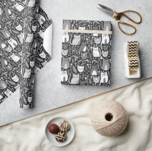 Niedliche Katzen Botanisches Blumenmuster Graues w Geschenkpapier