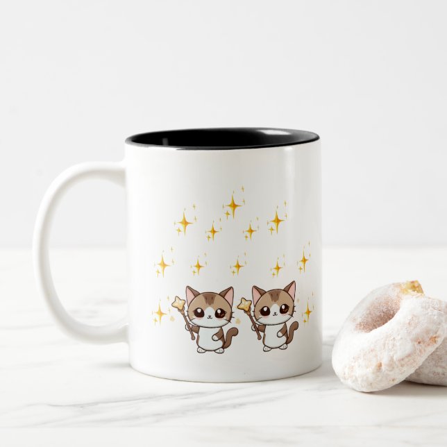 Niedliche Katzen, die Zauberstäbe in der Wand halt Zweifarbige Tasse (Mit Donut)