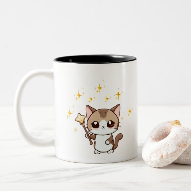 Niedliche Katzen, die Zauberstäbe in der Wand halt Zweifarbige Tasse (Mit Donut)