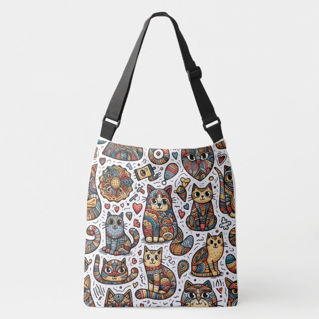 Niedliche Katzen Doodle-Cross-Body-Bag Tragetaschen Mit Langen Trägern (Vorderseite)