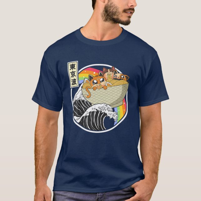 Niedliche Katzen essen Ramen Kanagawa Wave Rainbow T-Shirt (Vorderseite)