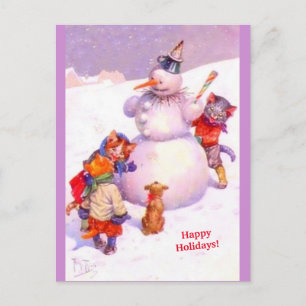 Niedliche Katzen & Fabulous Snowman Lila Vintage K Postkarte