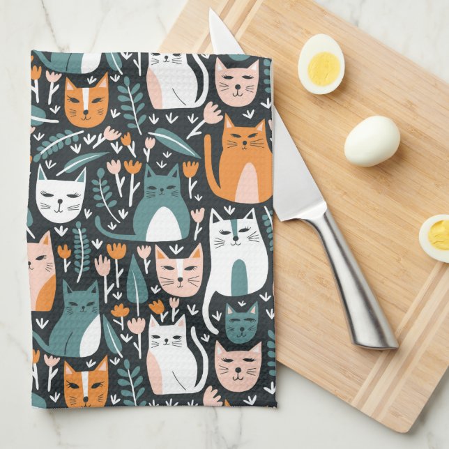 Niedliche Katzen Farbiges Muster Botanische Blumen Geschirrtuch (Viertel Falte)