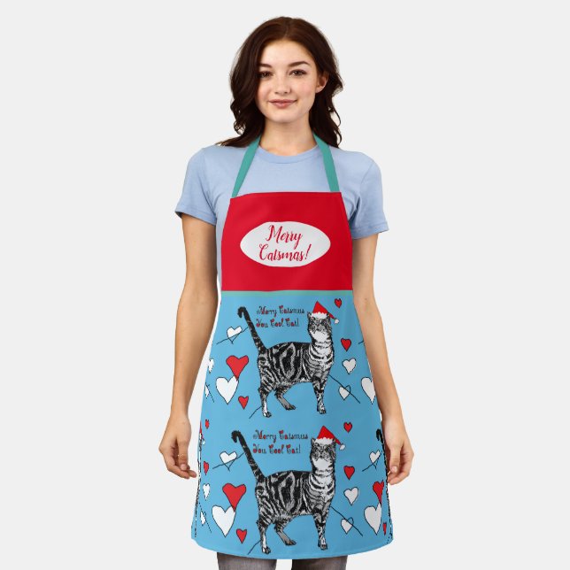 Niedliche Katzen Frohe Weihnachten Red Blue Schürz Schürze (Getragen)