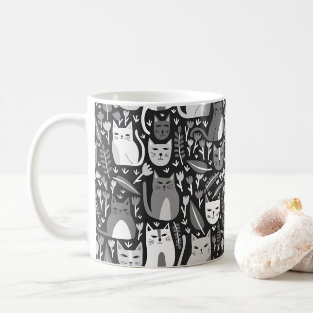 Niedliche Katzen Fundus Blumenkitten Muster Schwar Kaffeetasse (Mit Donut)