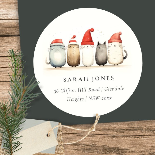 Niedliche Katzen Furcht und helle Weihnachtsadress Runder Aufkleber (Von Creator hochgeladen)