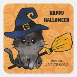 Niedliche Katzen-Hexe und Broom Halloween Quadratischer Aufkleber