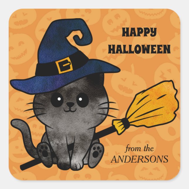 Niedliche Katzen-Hexe und Broom Halloween Quadratischer Aufkleber (Vorderseite)
