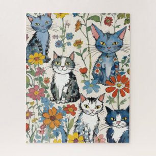 Niedliche Katzen-Illustrationen mit Wildblumen Blu Puzzle