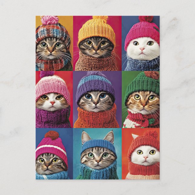 Niedliche Katzen im Winter Hats Schnitzel Weihnach Postkarte (Vorderseite)