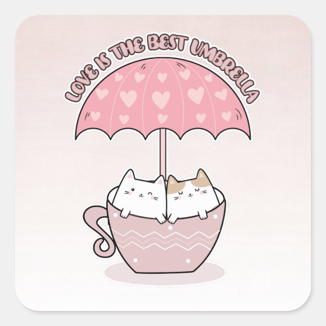Niedliche Katzen in der Tasse unter dem Regenschir Quadratischer Aufkleber (Vorderseite)