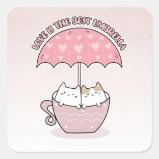 Niedliche Katzen in der Tasse unter dem Regenschir Quadratischer Aufkleber