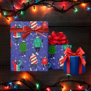 Niedliche Katzen in Ugly Christmas Sweaters Navy Geschenkpapier