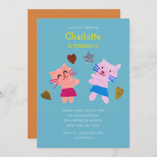 Niedliche Katzen Kindergeburtstag Blaupapier gebün Einladung