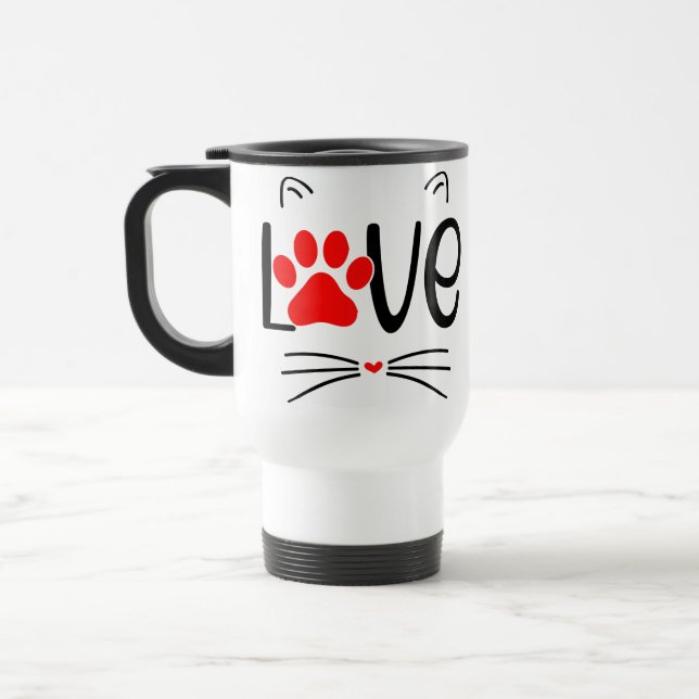 Niedliche Katzen-LIEBE Typografie mit roter Paw Reisebecher (Links)