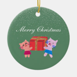 Niedliche Katzen mit Geschenkboxen Moos Grün Weihn Keramik Ornament