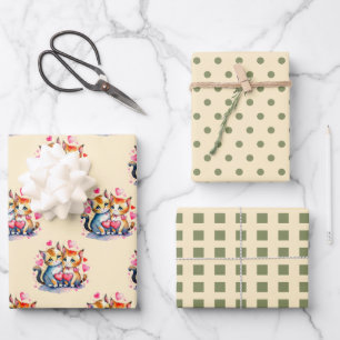 Niedliche Katzen mit quadratischem Muster grün Geschenkpapier Set