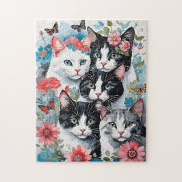 Niedliche Katzen mit rosa Blume und Schmetterlinge Puzzle