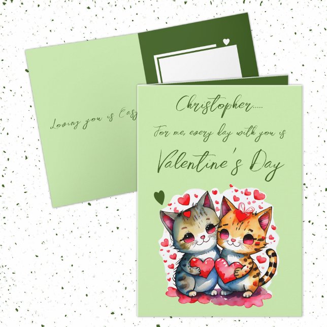 Niedliche Katzen personalisiert grün Valentinstag Karte (Von Creator hochgeladen)