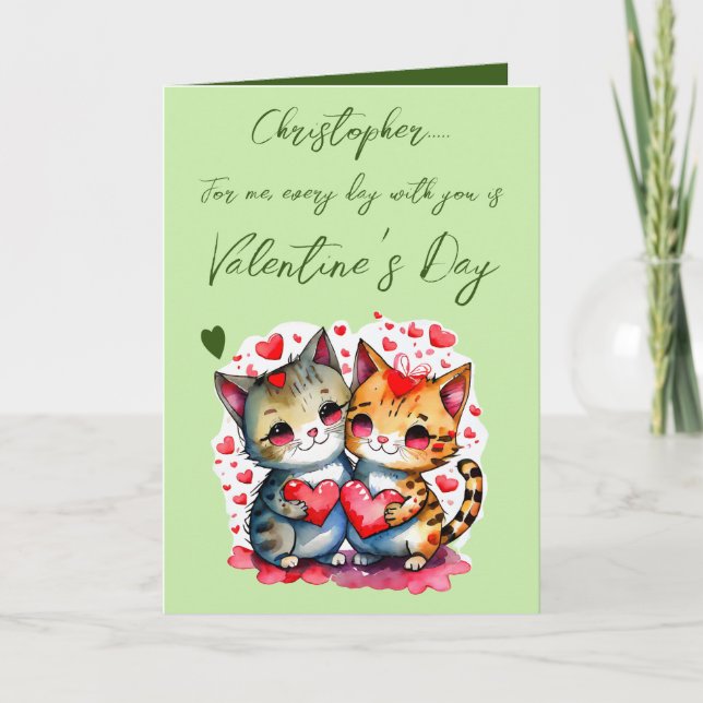 Niedliche Katzen personalisiert grün Valentinstag Karte (Vorderseite)