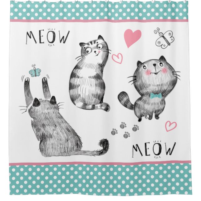 Niedliche Katzen, Schmetterlinge Duschvorhang (Vorderseite)
