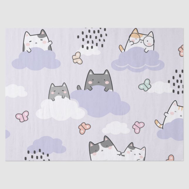 Niedliche Katzen Schmetterlinge Frühlingsdekoupage Seidenpapier (Vorderseite)