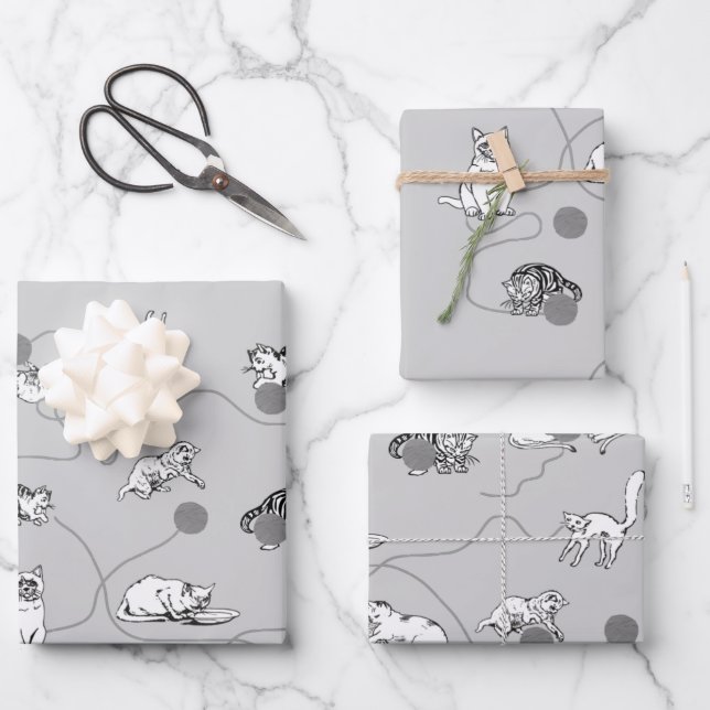Niedliche Katzen spielen und ein schwaches Muster  Geschenkpapier Set (Vorderseite)