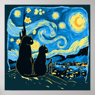 Niedliche Katzen Starry Night Van Gogh Vater Mutte Poster