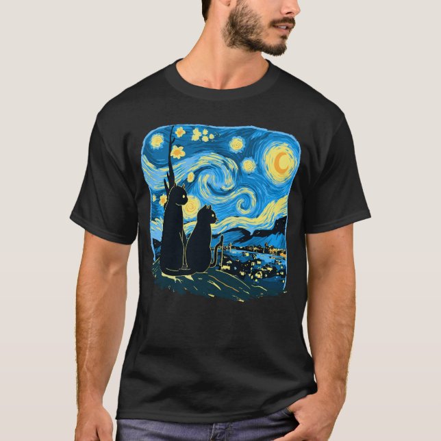 Niedliche Katzen Starry Night Van Gogh Vater Mutte T-Shirt (Vorderseite)