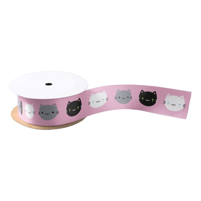 Niedliche Katzen u. Kawaii Kätzchen (Rosa) Satinband (Spule)