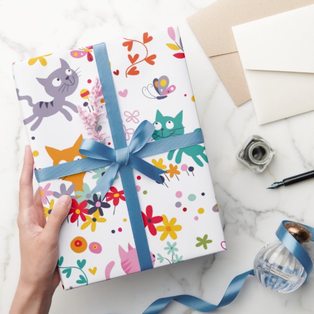 Niedliche Katzen und Blume Spaß Geschenkpapier (Schenken)