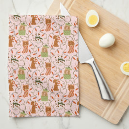 Niedliche Katzen und Hunde Weihnachtsleuchten Rosa Geschirrtuch