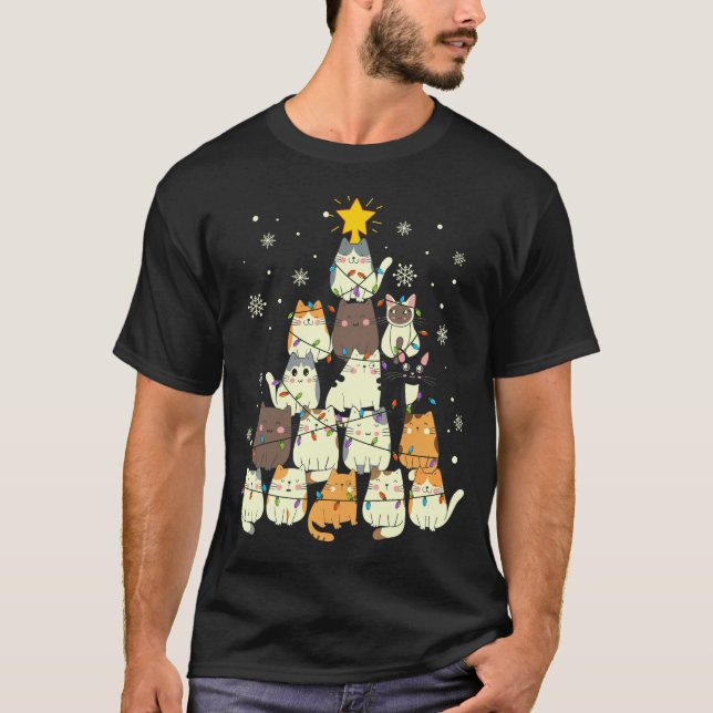 Niedliche Katzen Weihnachtsbaum Funny T-Shirt (Vorderseite)