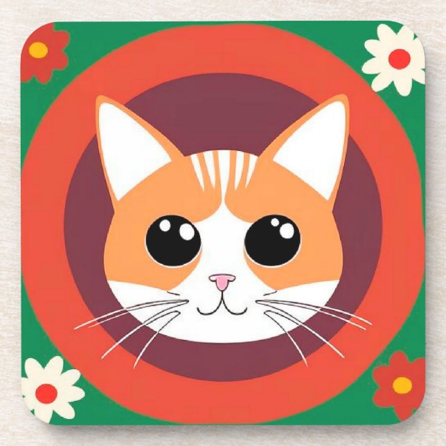 Niedliche Katzengesicht Vibrant Illustration Getränkeuntersetzer (Vorderseite)
